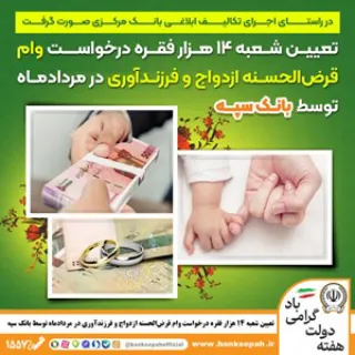 تعیین شعبه ۱۴ هزار فقره درخواست وام‌ قرض‌الحسنه ازدواج و فرزندآوری در مرداد‌ماه توسط بانک سپه
