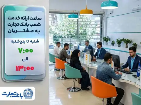 از ۲۶ اردیبهشت تا ۱۵ شهریور اجرا می‌شود؛ ساعت ارائه خدمت شعب به مشتریان بانک تجارت از ۷:۰۰ صبح تا ۱۳:۰۰